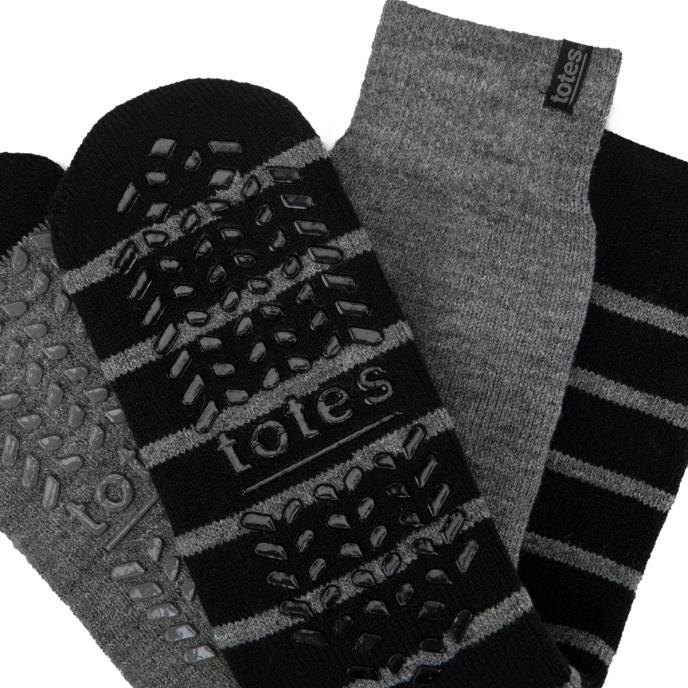 totes toasties® Mens Thermal Brushed Original Slipper Socks (Twin Pack) Grey / Black Stripe Extra Image 6